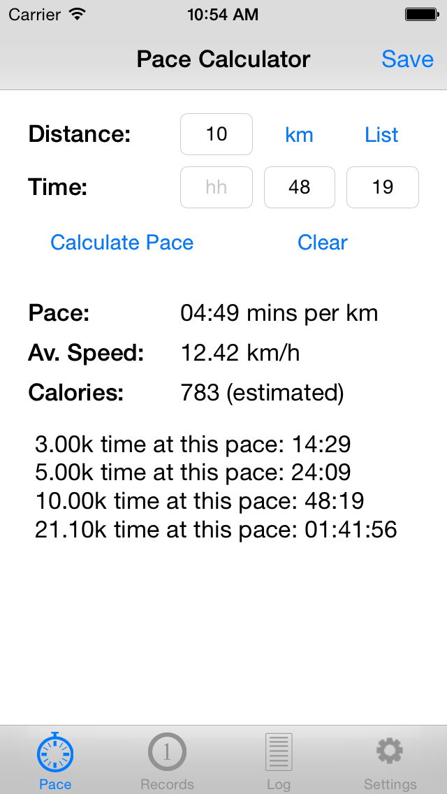 PaceTrack Pace Calculator Screenshot